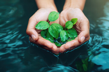 Pair of hands gently cupping clean water with green leaves, reflecting nature and tranquility, symbolizing environmental care and freshness in outdoor setting