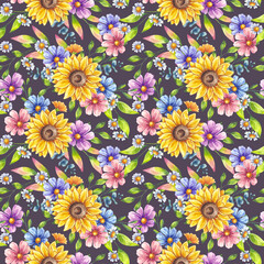 Watercolor flower leaves seamless pattern. Wildflowers cosmos sunflower, chamomile daisies floral botanical drawing. Hand drawn illustration background. Textile, print, wrapping paper