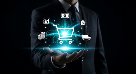 E-commerce concept - Businessman holding a digital shopping cart.