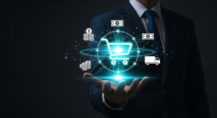 Businessman presenting online shopping concept with digital icons.