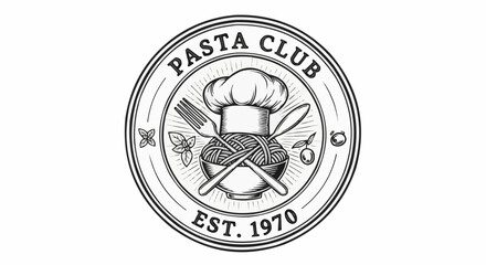 Pasta club emblem with chef hat spaghetti fork spoon basil and olive branch in black and white style