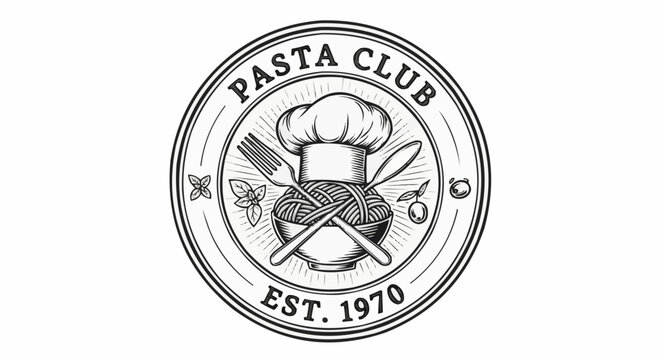 Pasta club emblem with chef hat spaghetti fork spoon basil and olive branch in black and white style