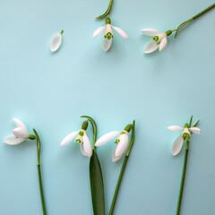 Delicate Snowdrop Flowers on Soft Blue Background Showcasing Spring's Natural Beauty