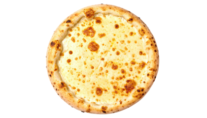 Round, cheesy pizza with golden crust on black background