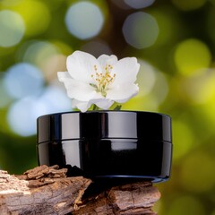 Elegant Black Container With Flower Blossom Against A Soft Green Bokeh Background