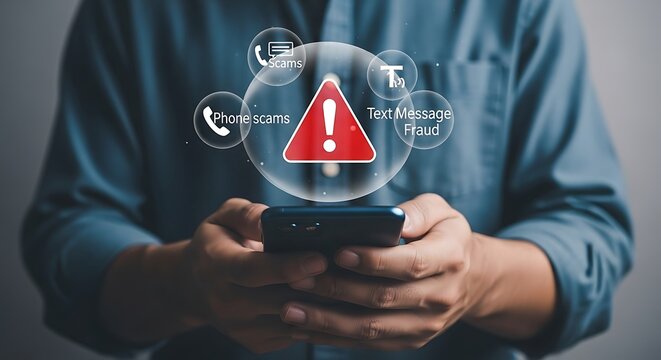 Man holding smartphone with warning sign and notification icons.