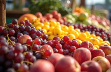 Assortment of fresh fruits like grapes apples and lemons displayed at an outdoor market stall. Colorful produce offers a healthy vibrant natural food selection. People shop for fresh groceries.