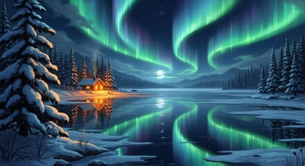 Snowy cabin by the lake illuminated under northern lights  