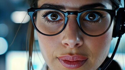 Focused and Attentive: A close-up portrait of a woman wearing glasses and a headset, her eyes filled with focus and attention, conveying professionalism and attentiveness.