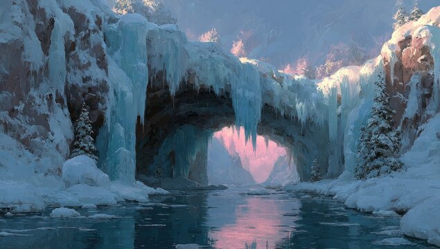Ice bridge over water, snowy landscape, winter scene - Powered by Adobe