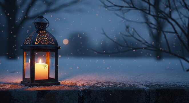 Decorative lantern with candle glowing in snowy winter evening  