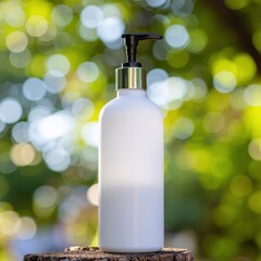Elegant White Cosmetic Bottle with Pump Cap Surrounded by Natural Green Blurred Background