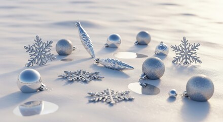 Silver Christmas ornaments and snowflakes on a white background  