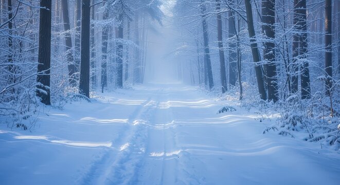 Snowy pathway through forest with trees in winter landscape - Powered by Adobe
