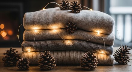 Cozy stacked sweaters with pine cones and fairy lights indoors  