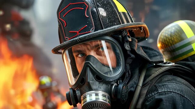 Heroic Firefighter Amidst the Inferno: A courageous firefighter, encased in protective gear, fearlessly confronts a raging inferno, the flames reflecting in his determined eyes.