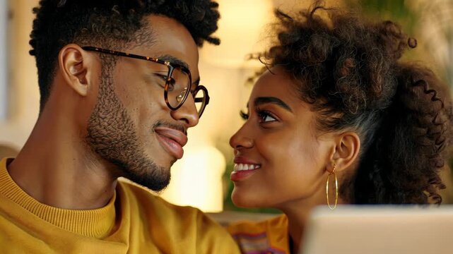 Intimate Moment: A couple shares a tender moment, their eyes locked in a gaze that speaks volumes about their connection and affection.