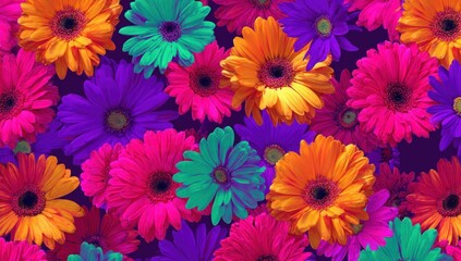 A vibrant, close-up shot of a colorful arrangement of gerbera daisies against a dark background