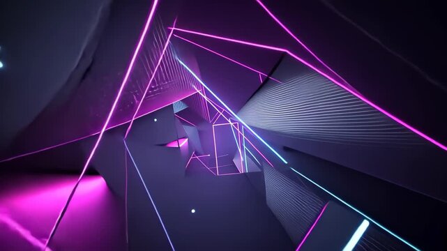 Geometric Neon Maze: An intriguing perspective showcasing a complex, modern design defined by neon lines, forming a mesmerizing maze-like structure.