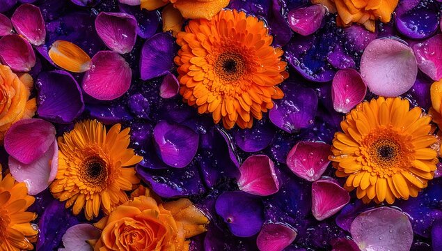 Vibrant floral arrangement with orange gerbera daisies and purple and pink petals