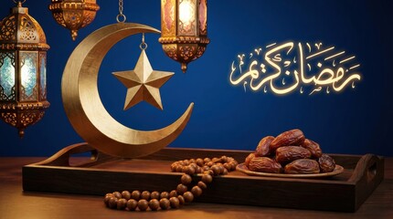 Golden lanterns and crescent moon illuminate Ramadan Kareem, evoking peace and blessings during this holy month of fasting and reflection for Muslims worldwide