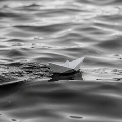 Obraz premium Minimalist Paper Boat Floating Gently on Calm Water Surface in Monochrome Atmosphere