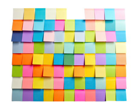 Colorful sticky notes arranged in a layered, tiled pattern