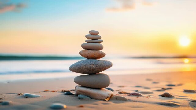 Serene Stones of Balance: A precisely stacked collection of stones, forming a balanced tower on a sandy beach, against the backdrop of a serene sunset. Embodying tranquility, balance.