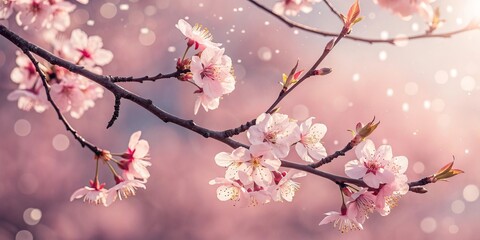Obraz premium Delicate pink cherry blossoms bloom on a branch, with soft bokeh lights creating a dreamy spring atmosphere