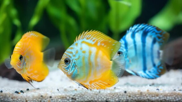 Exotic Discus Fish Trio: Three vibrant discus fish, showcasing their unique patterns and colors, swim gracefully within an aquatic oasis, creating a tranquil underwater spectacle.