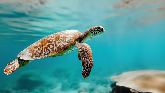 Underwater Serenity: A lone sea turtle glides through crystal-clear turquoise waters, its shell a tapestry of colors. Captured in its natural habitat.