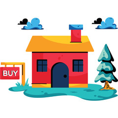 Red Cartoon House with Yellow Roof and a BUY sign in front on a transparent background with a stylized tree and clouds above