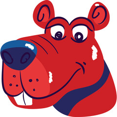 Red Cartoon Bear Character Head with Blue Accents and Wide Smile Featuring Large Dark Eyes and Blue Nose on Transparent Background