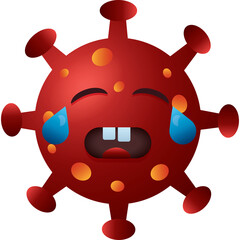 Red Cartoon Virus Character with Spikes Crying Tears of Joy with Yellow Spots and Blue Drops on Transparent Background Representing Extreme Happiness or Relief