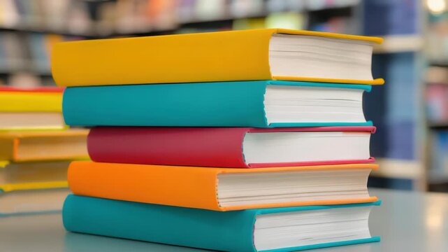 Stack of colorful books in Library: A vibrant collection of brightly colored books piled together on a table in a library setting, with soft, gentle lighting 