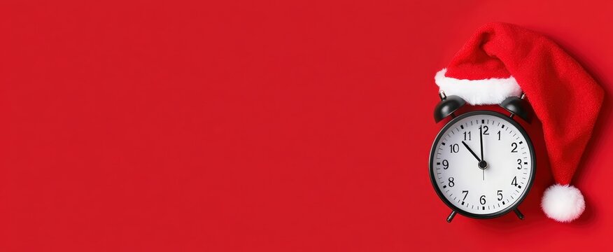 Alarm clock with Santa hat indicating nearly midnight on a red background. Copy space on the left for holiday text