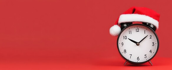 Alarm clock in a Santa hat on red background counting down to Christmas festive holiday time concept with copy space