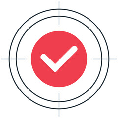 Red check mark inside a black target symbol on a white background represents accuracy and precision in decision making