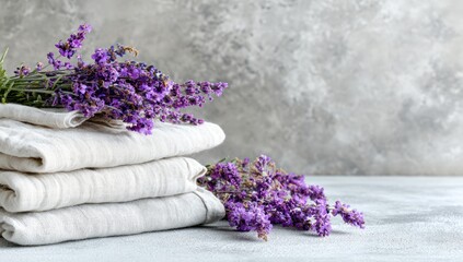 Fototapeta premium Stack of linen cloths with lavender sprigs.