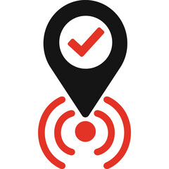 Red Check Mark Inside Black Location Pin Icon with Red Signal Waves on Transparent Background