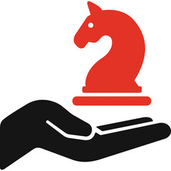 Red Chess Knight Piece Balanced On Black Open Hand Silhouette Against Transparent Background
