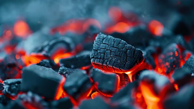 Glowing Coals: A close-up shot of smoldering, red-hot coals, creating a vibrant display of heat, texture, and energy.