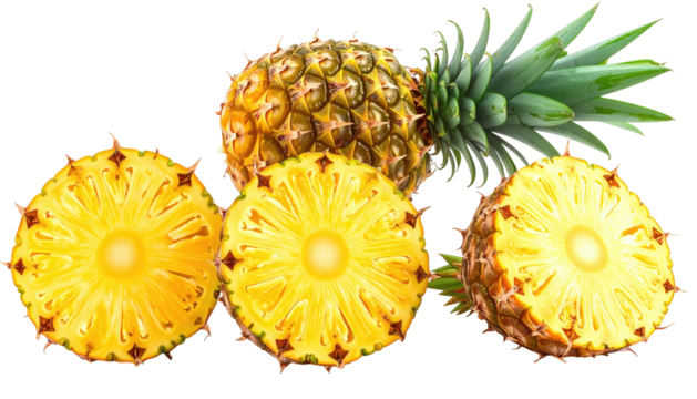 Pineapple whole, sliced showing interior. Sweet fruit