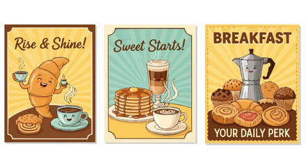 Three breakfast themed posters with cartoon pastries coffee and breakfast slogans in a retro style design