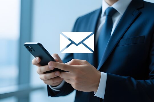 A businessman in a suit is using a smartphone and receiving an email notification over a blurred building background while standing near a bright window light.