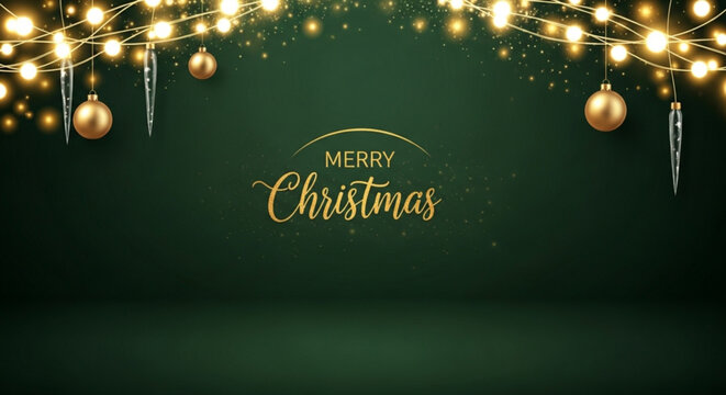 Festive christmas background with golden ornaments lights and merry christmas text on green backdrop created with generated ai