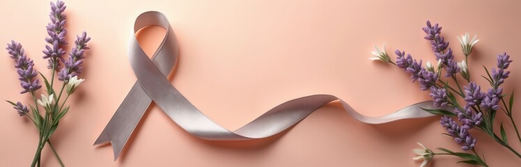 Silver awareness ribbon rests on clean peach background. Delicate lavender sprigs, small white flowers frame symbolic loop. Setup means hope, support for brain health conditions as Parkinson,