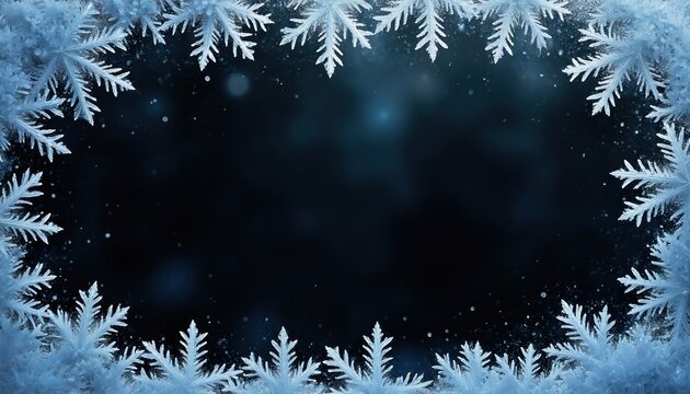 Intricate frost patterns frame dark background with falling snow particles. Crystal ice formations create wintery border for cold season design. Beautiful ice art decorates the glass pane surface.