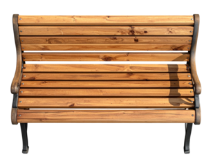 Wood bench backrest, horizontal planks, metal trim