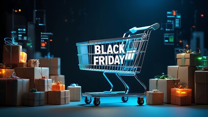Black friday shopping cart with gift boxes